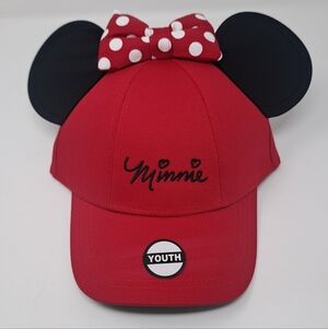 Disney Minnie Mouse Ears W/ Polka Dot Bow Red and Black Youth Hat Cap New